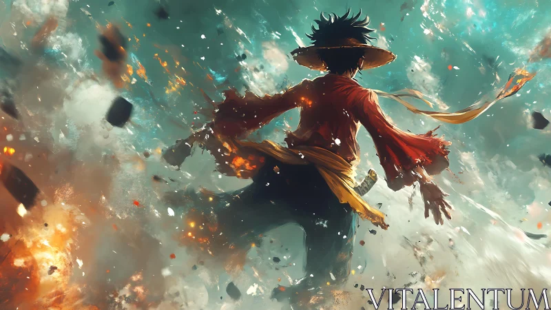 Straw hat anime fighter stands in swirling battle storm.