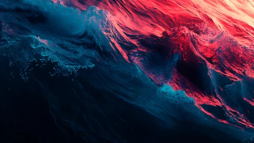 Vivid red and blue ocean waves in dramatic close view.