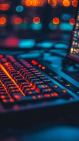 Neon-lit gaming keyboard glows against a blurred tech backdrop