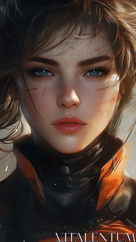 Scarred space pilot meets viewer with calm, unbroken gaze