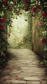 Soft rose-covered garden passageway invites quiet wandering
