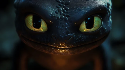 3D close-up render of stylized dragon head with glowing eyes.