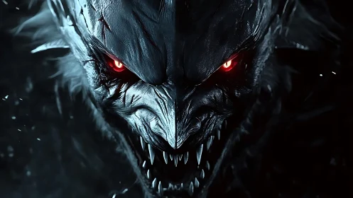 Ferocious demon face glows with red eyes in dark void