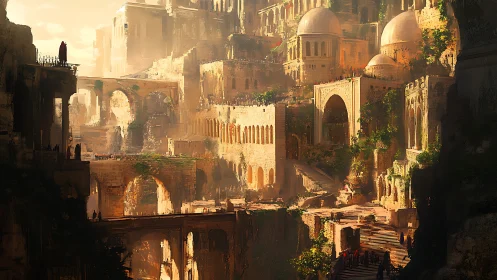 Golden cliffside city bathes ancient arches in warm light