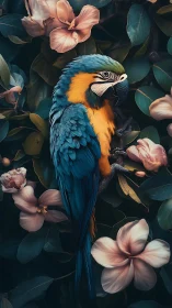 Colorful macaw resting softly among dreamy garden blooms.