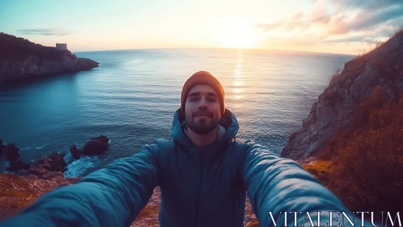 Sunset cliff selfie captures tranquil ocean horizon glow.