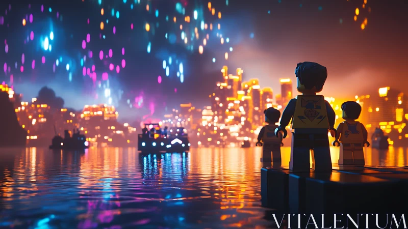 Lego figures watch neon cityscape over reflective water at dusk.