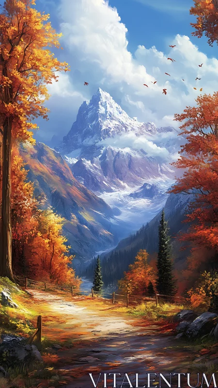 Mountain valley trail with autumn forest and distant peak.