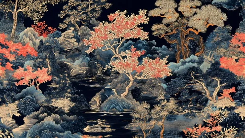 Intricate oriental landscape with coral-toned flowering trees.