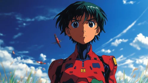 Youth in red armored suit under clear sky with aircraft.