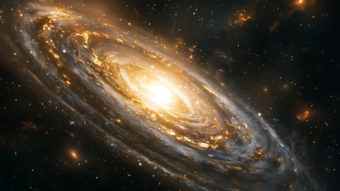 Spiral galaxy with bright golden core and star field background.