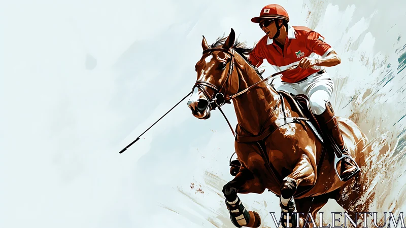 Dynamic polo rider on galloping horse rendered in digital brushwork