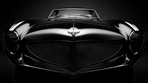 Black luxury roadster front view shows chrome grille detail
