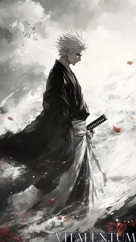 White-haired samurai strides through storm of ash and petals.