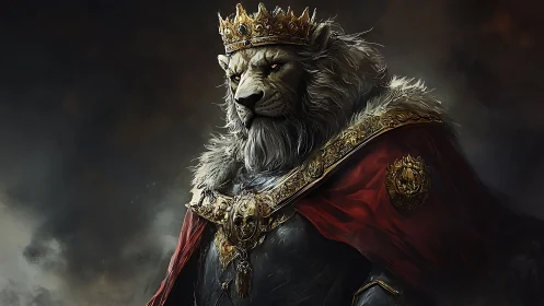 Regal anthropomorphic lion king in ornate digital portrait.