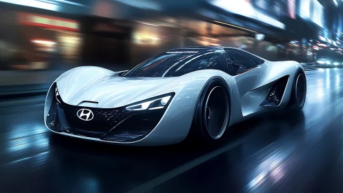 Hyundai hypercar concept races through neon city streets.