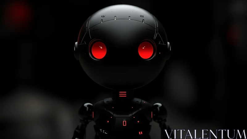 Cute black robot with glowing red eyes stands in neon gloom