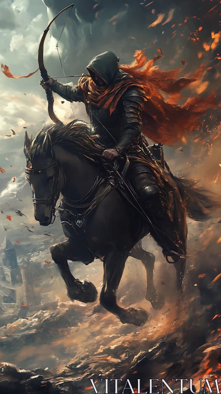 Hooded mounted archer rides through burning storm battlefield.