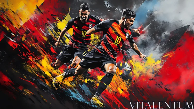 Dynamic football strikers surge through abstract color fields