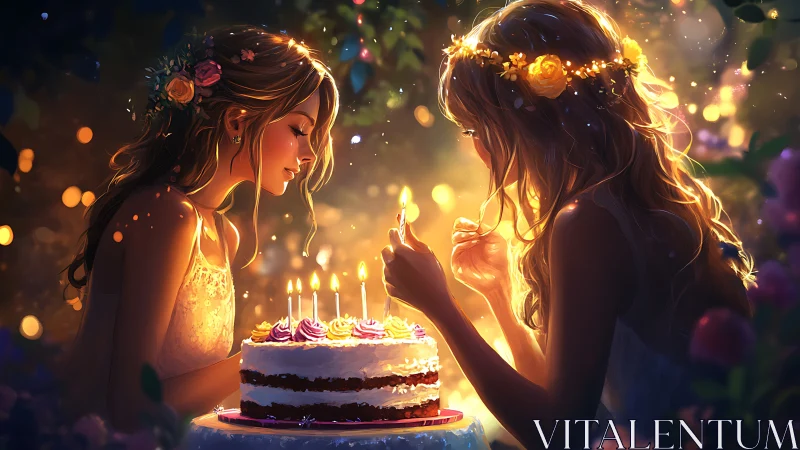 Two Figures with Illuminated Birthday Cake in Warm Setting.