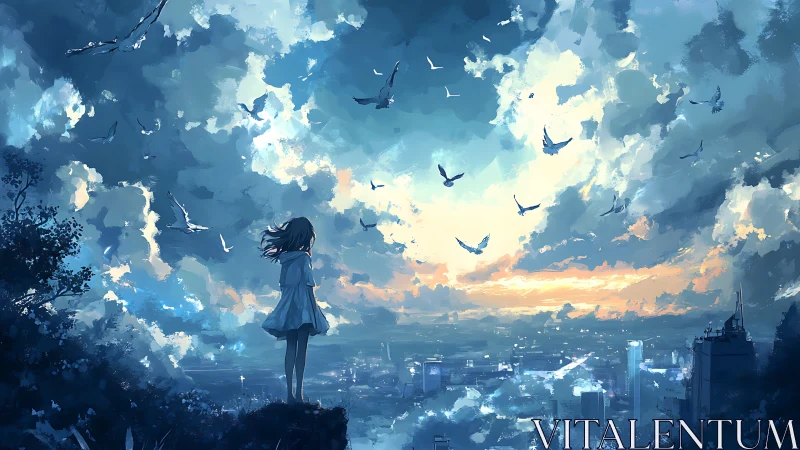 Girl stands on elevated ground overlooking distant urban skyline