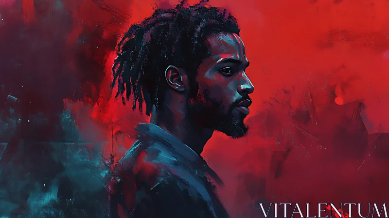 Side profile portrait of man in bold red blue lighting.