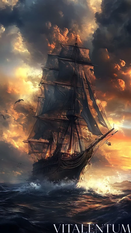 Baroque luminous stormscape with burning full-rigged warship.