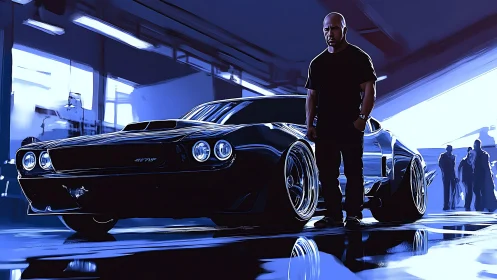Muscular driver beside custom black muscle car in garage.