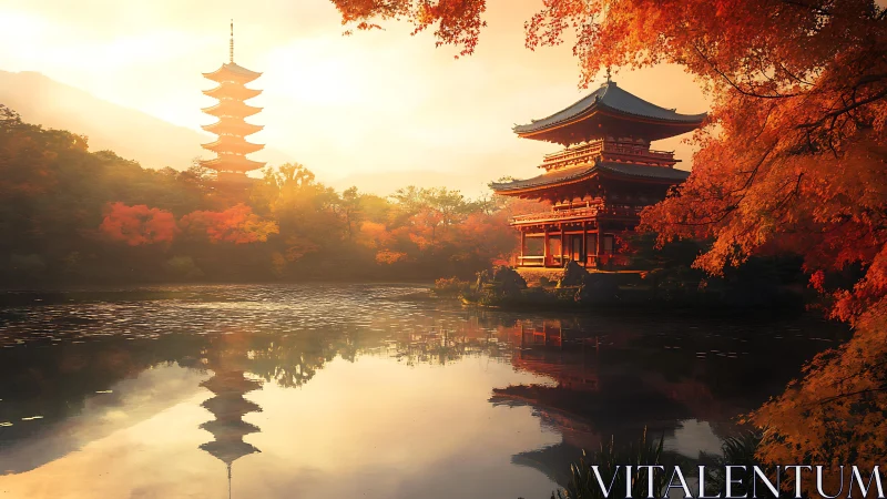Autumn foliage surrounds lakeside Japanese temple at sunset