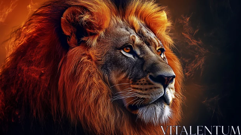 Regal lion gazing softly through glowing sunset hues.