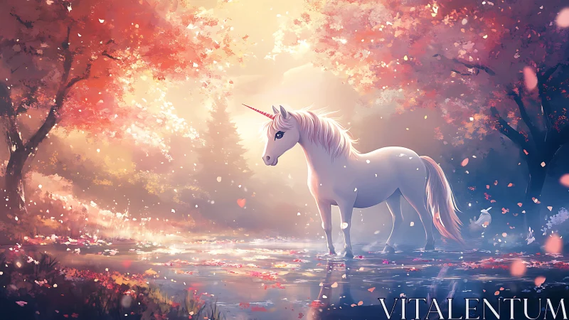 Luminous unicorn beside autumn forest pool at sunrise.