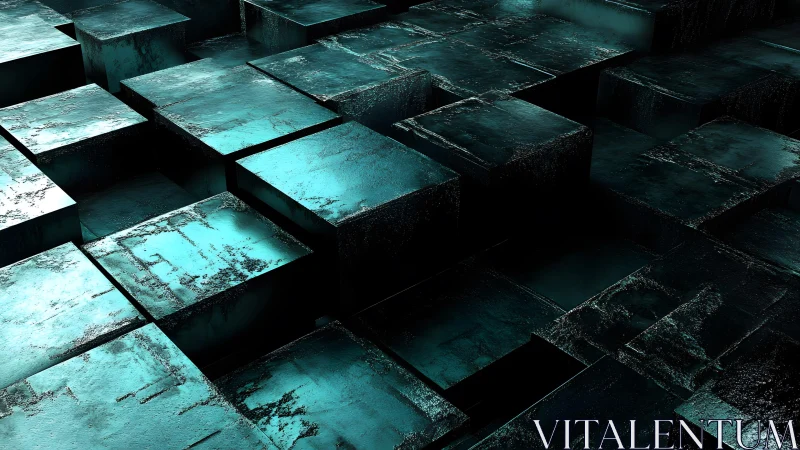 Metallic teal cubes in abstract 3D geometric arrangement, digital art.