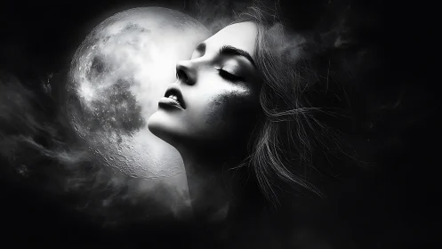 Monochrome lunar muse in atmospheric digital painting composition.