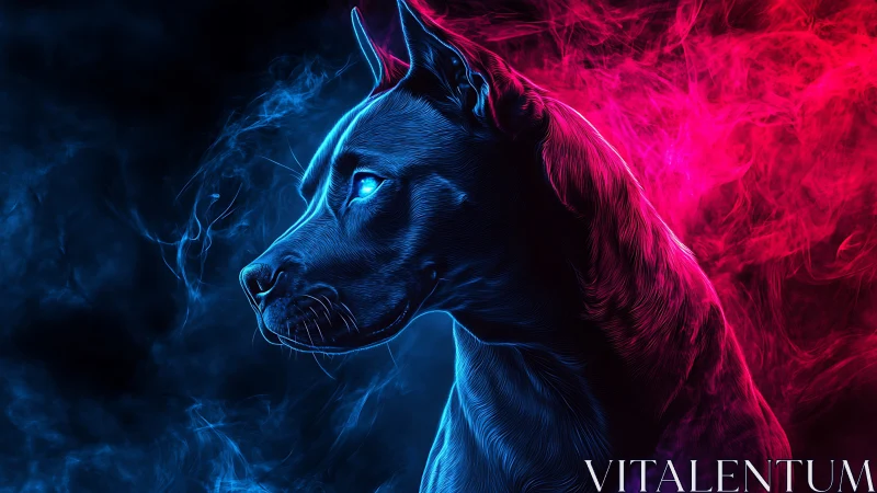 Neon cyber dog emerges from swirling blue and crimson smoke