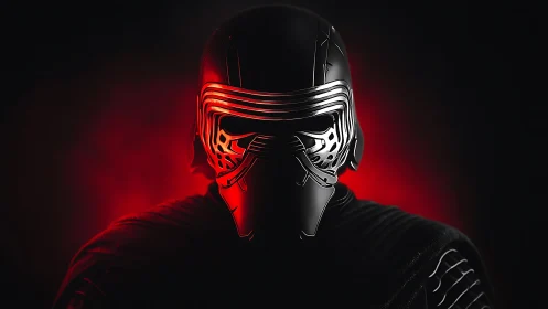 Helmed shadow warrior framed in crimson galactic glow.