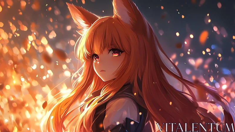 Fox-eared anime character is rendered amid glowing particles.