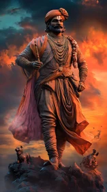 Regal warrior statue striding confidently through sunset sky.