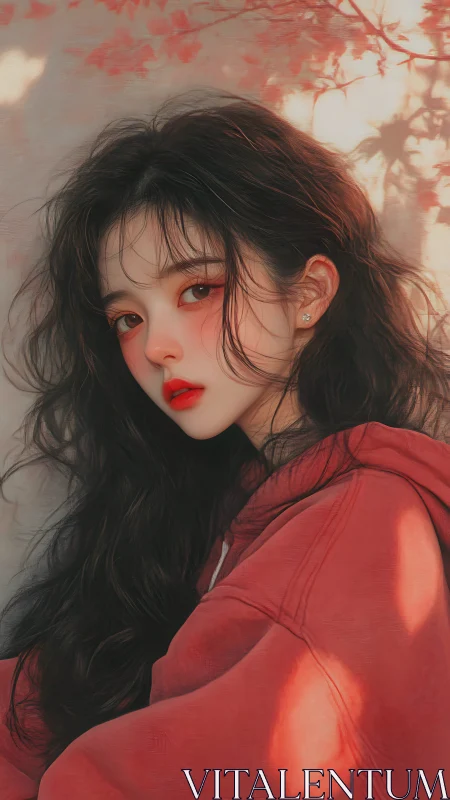 Soft autumn light embraces a dreamy girl in red hoodie