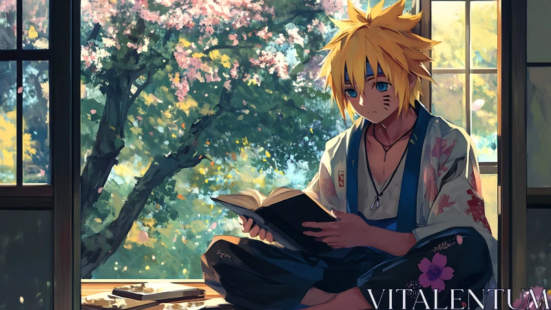 Blond anime boy reading indoors near blooming garden window.