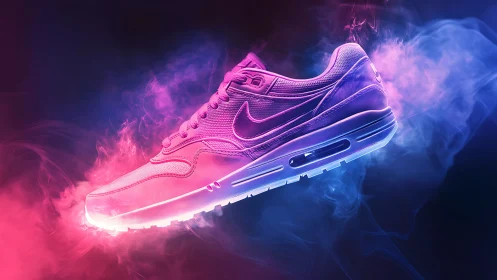 Neon vapor-lit athletic sneaker in dual-color optical suspension.
