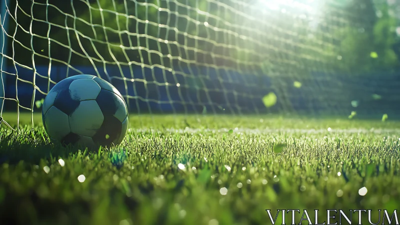 Soccer ball rests on grass directly in front of goal net