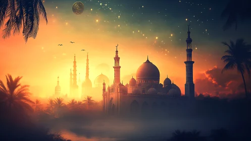 Golden twilight mosque glows through mist and starlit sky