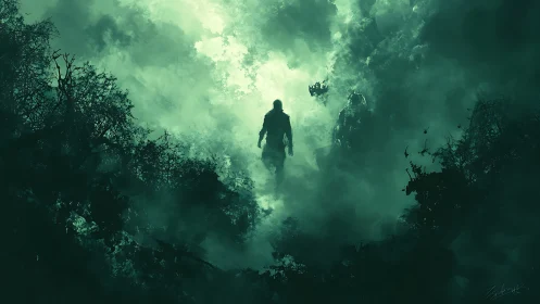 Silhouetted figure walking through dense green mist forest.