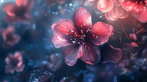 Luminescent Floral Composition with Translucent Petals and Particle Effects