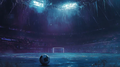 Rain-soaked floodlit stadium frames solitary soccer ball at center