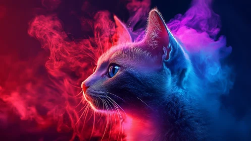 Neon Cat Portrait with Red and Blue Smoke Effects.