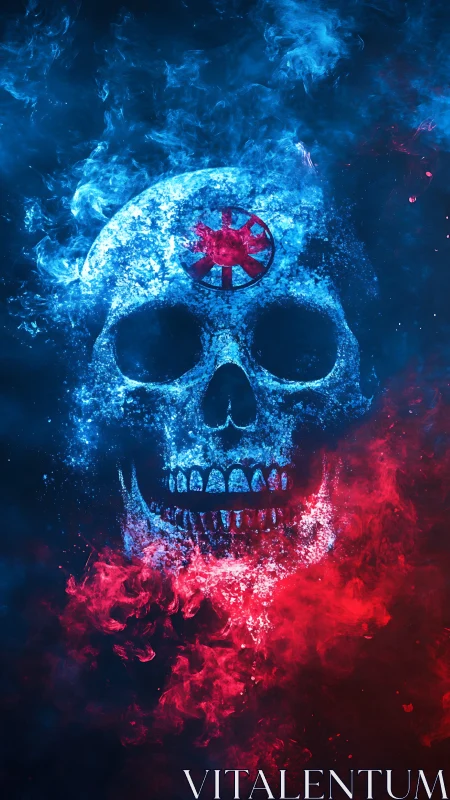 Flaming skull in blue and red smoke with central emblem.