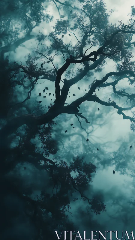 Fog-drenched forest canopy with silhouetted branches and leaves