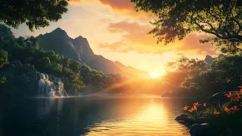 Mountain lake landscape with waterfall at low sunset light.