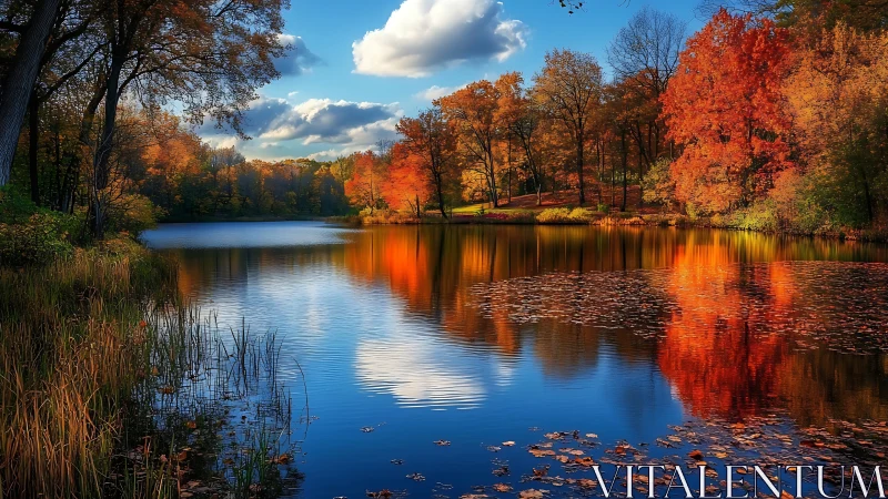 Autumn shoreline lake reflection captures saturated foliage and sky